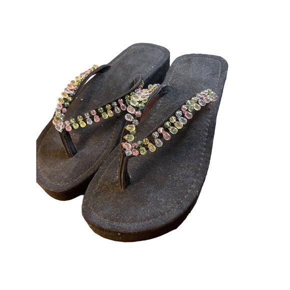 Black Multicolor Beaded Platform Thong Flip Flop Slip On Shoes Sz XL - Picture 1 of 7